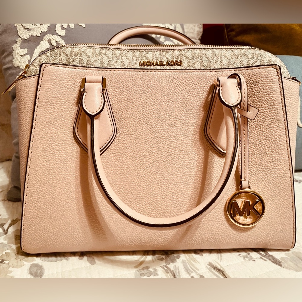 Michael Kors Daria Large Satchel Bag Leather Powder Blush Pink Vanilla MK